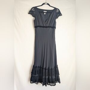 LOFT Silk Lace Trim Midi Dress Charcoal Slip Style Size 6